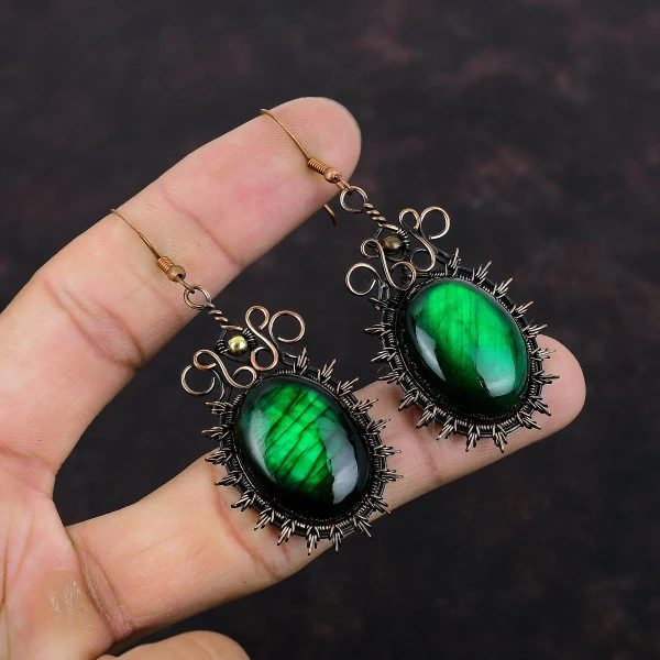 Green Fire Labradorite Oval Green Handmade Copper Wire Wrapped Earrings