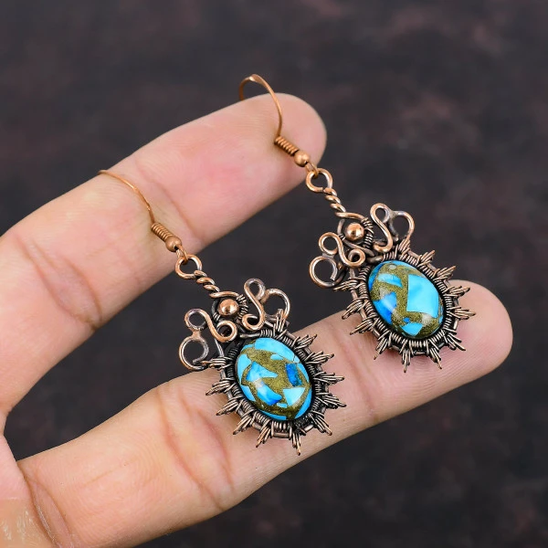 Copper Blue Turquoise Oval Blue Handmade Copper Wire Wrapped Earrings
