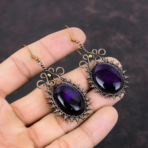 Purple Fire Labradorite Oval Purple Handmade Copper Wire Wrapped Earrings