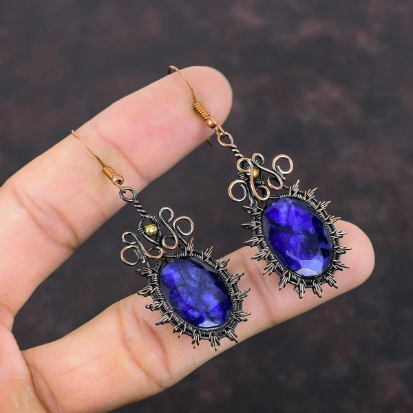 Blue Sapphire Oval Blue Handmade Copper Wire Wrapped Earrings