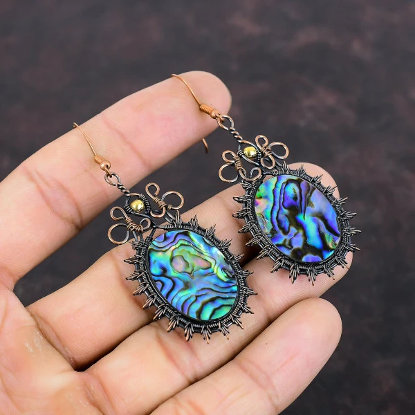 Abalone Shell Oval Blue Handmade Copper Wire Wrapped Earrings