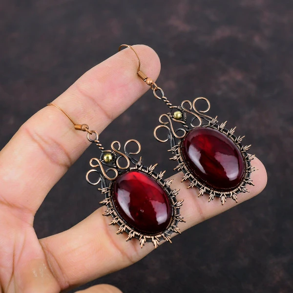 Red Fire Labradorite Oval Red Handmade Copper Wire Wrapped Earrings