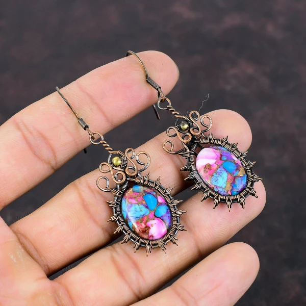 Natural Kingman Pink Dahlia Turquoise Oval Pink Handmade Copper Wire Wrapped Earrings