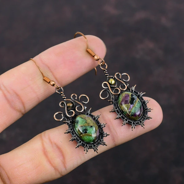 Copper Ruby Zoisite Oval Green Handmade Copper Wire Wrapped Earrings