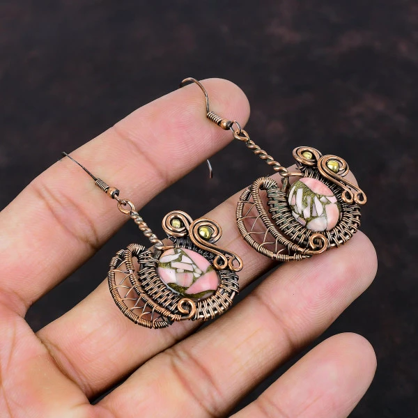 Copper Pink Opal Oval Pink Handmade Copper Wire Wrapped Earrings