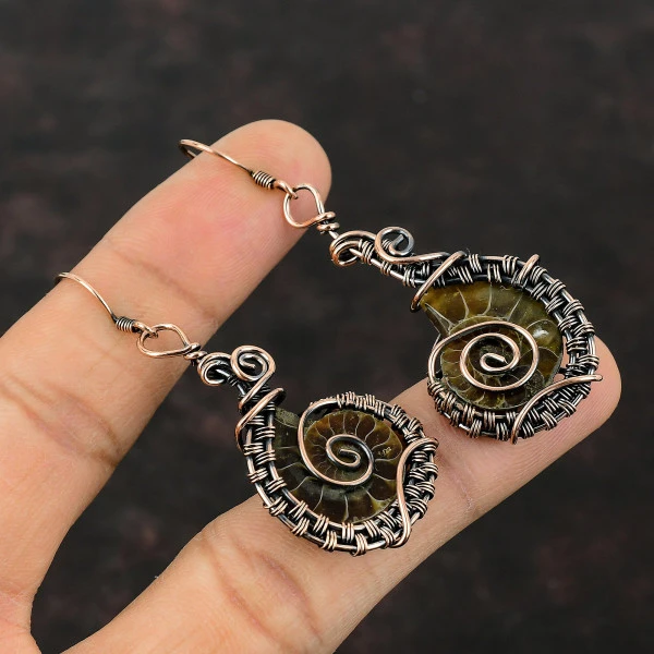 Ammonite Fossil Pear Brown Handmade Copper Wire Wrapped Earrings