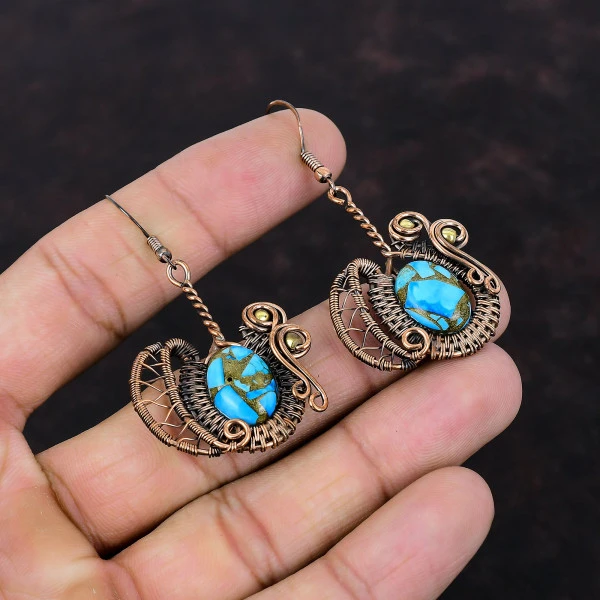 Copper Blue Turquoise Oval Blue Handmade Copper Wire Wrapped Earrings