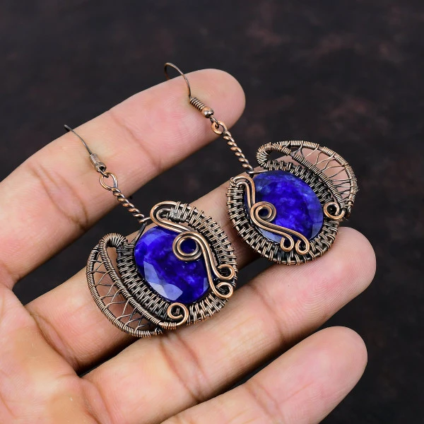 Blue Sapphire Oval Blue Handmade Copper Wire Wrapped Earrings