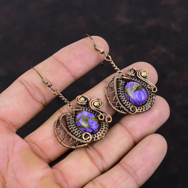 Copper Charoite Oval Purple Handmade Copper Wire Wrapped Earrings