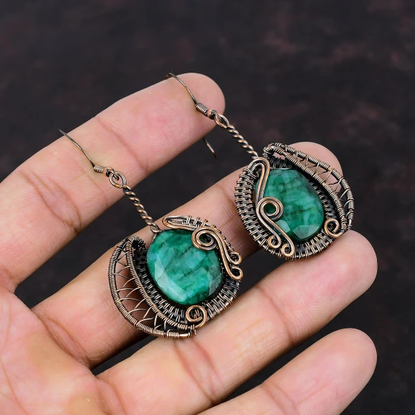 Zambian Emerald Oval Green Handmade Copper Wire Wrapped Earrings