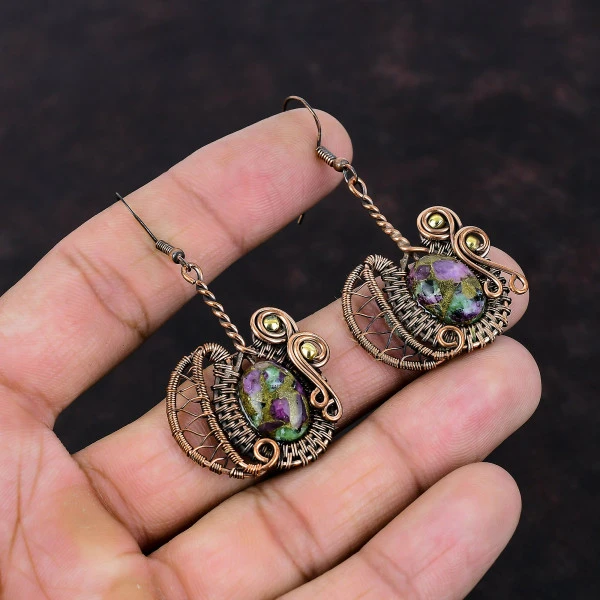 Copper Ruby Zoisite Oval Green Handmade Copper Wire Wrapped Earrings