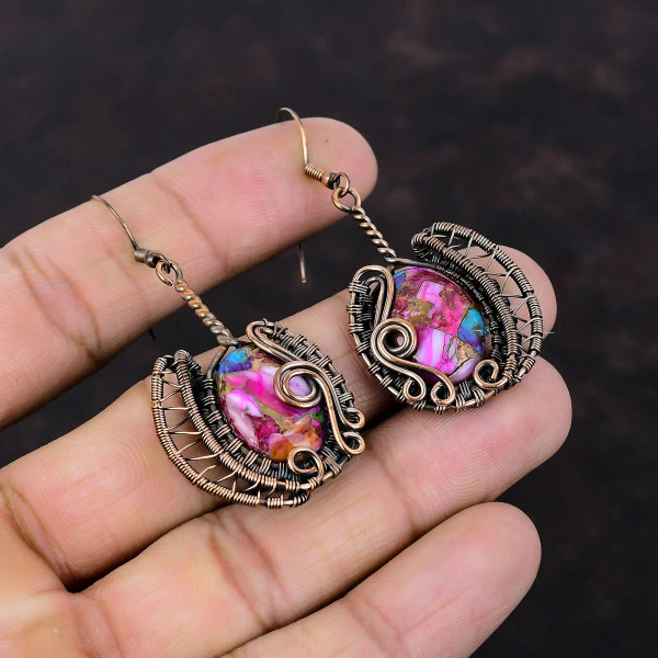 Natural Kingman Pink Dahlia Turquoise Oval Pink Handmade Copper Wire Wrapped Earrings