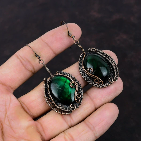 Green Fire Labradorite Oval Green Handmade Copper Wire Wrapped Earrings