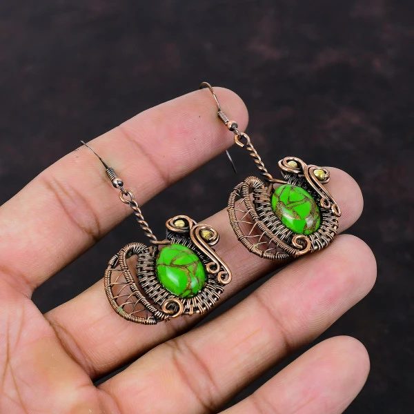 Copper Green Turquoise Oval Green Handmade Copper Wire Wrapped Earrings