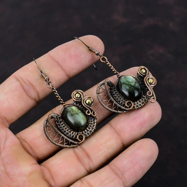 Labradorite Oval Gray Handmade Copper Wire Wrapped Earrings