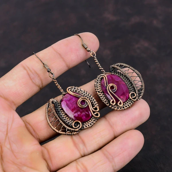 Kashmir Ruby Oval Red Handmade Copper Wire Wrapped Earrings