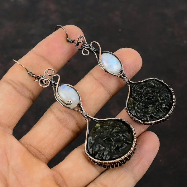 Moldavite Round Green Handmade Copper Wire Wrapped Earrings