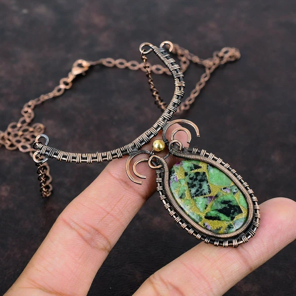 Copper Ruby Zoisite Oval Green Handmade Copper Wire Wrapped Necklace