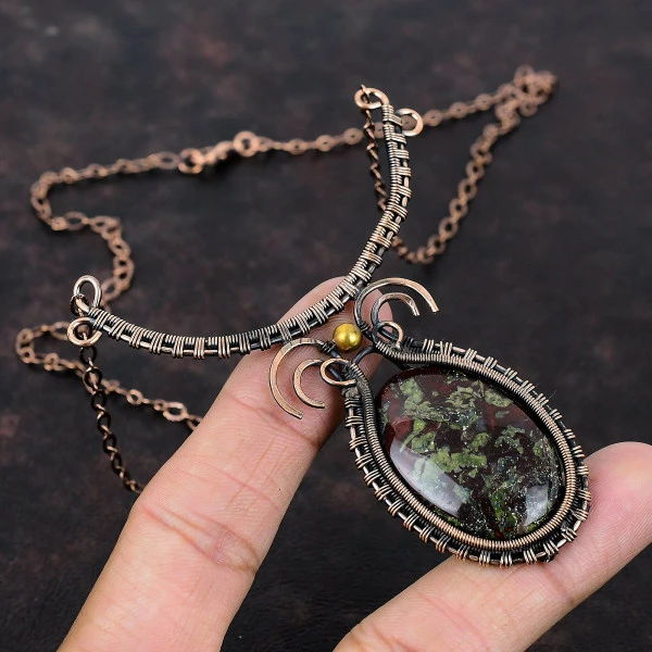 Dragon Bloodstone Oval Green Handmade Copper Wire Wrapped Necklace