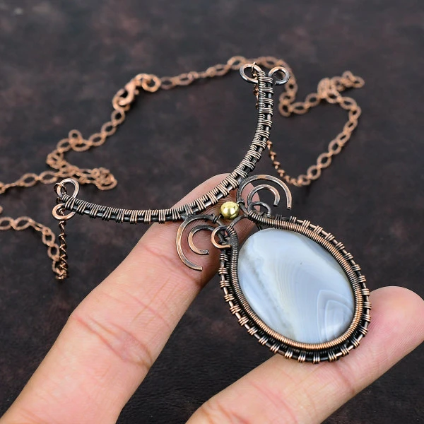 Mexican Laguna Lace Agate Oval White Handmade Copper Wire Wrapped Necklace
