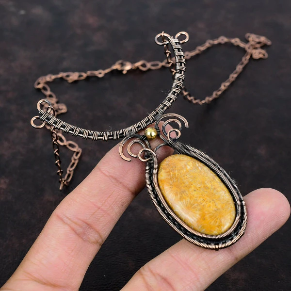 Fossil Coral Oval Yellow Handmade Copper Wire Wrapped Necklace