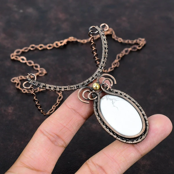 Howlite Oval White Handmade Copper Wire Wrapped Necklace
