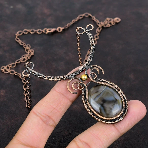 Montana Agate Oval Brown Handmade Copper Wire Wrapped Necklace