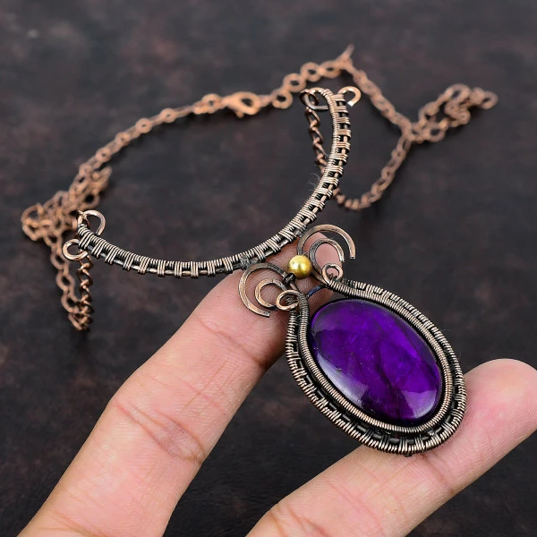 Purple Fire Labradorite Oval Purple Handmade Copper Wire Wrapped Necklace