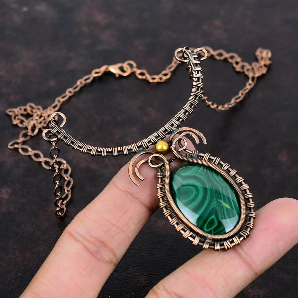 Malachite Oval Green Handmade Copper Wire Wrapped Necklace