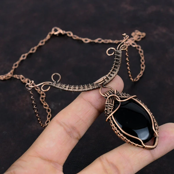 Black Onyx Oval Black Handmade Copper Wire Wrapped Necklace