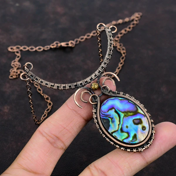 Abalone Shell Oval Blue Handmade Copper Wire Wrapped Necklace