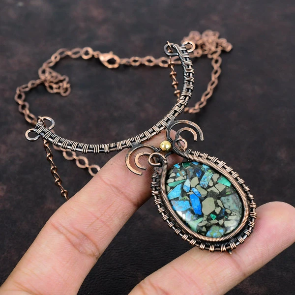 Copper Azurite Malachite Oval Green Handmade Copper Wire Wrapped Necklace