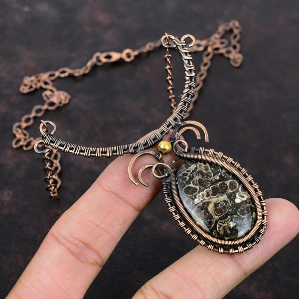 Turritella Agate Oval Brown Handmade Copper Wire Wrapped Necklace