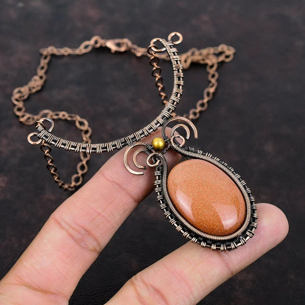 Sun Sitara Oval Orange Handmade Copper Wire Wrapped Necklace