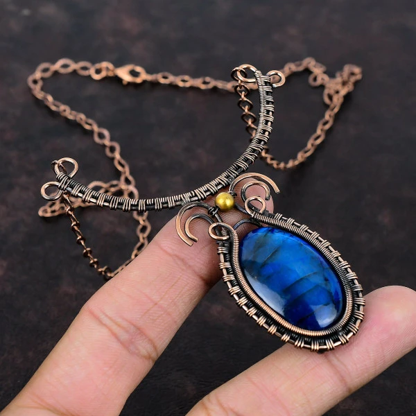 Neon Flash Labradorite Oval Blue Handmade Copper Wire Wrapped Necklace