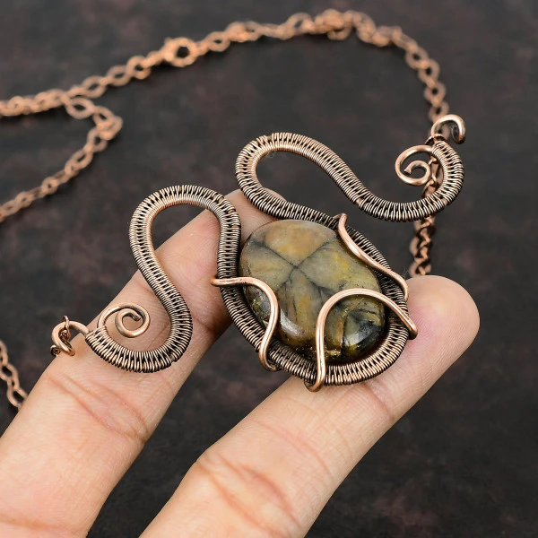 Chiastolite Oval Brown Handmade Copper Wire Wrapped Necklace