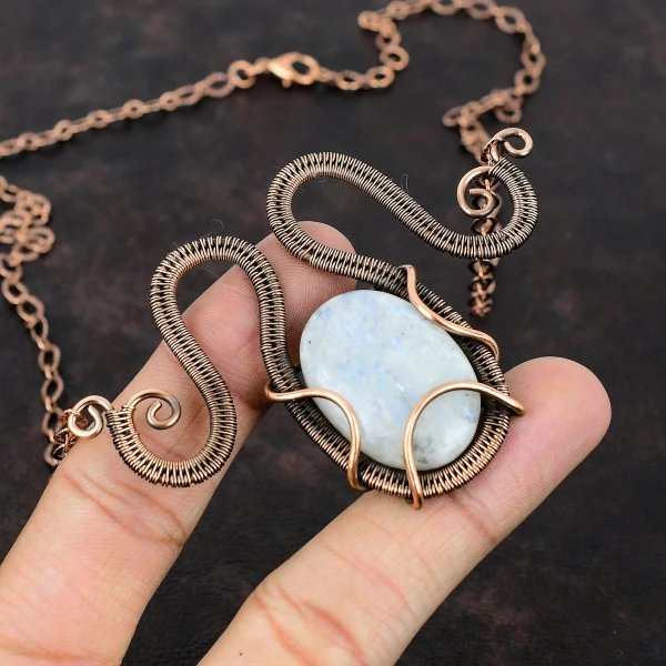 Rainbow Moonstone Oval White Handmade Copper Wire Wrapped Necklace