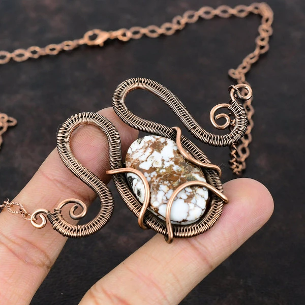 Wild Horse Magnesite Oval White Handmade Copper Wire Wrapped Necklace