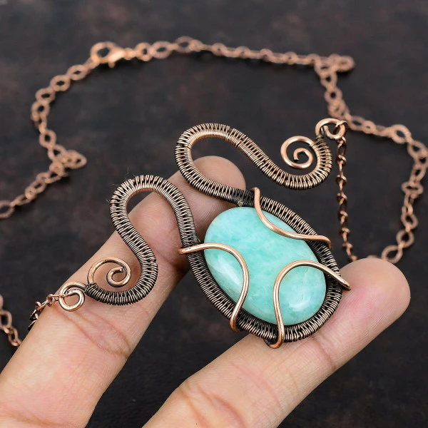 Amazonite Oval Green Handmade Copper Wire Wrapped Necklace
