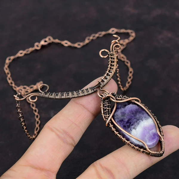 Chevron Amethyst Oval Purple Handmade Copper Wire Wrapped Necklace