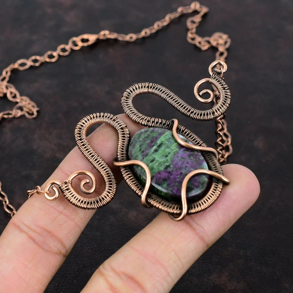 Ruby Zoisite Oval Green Handmade Copper Wire Wrapped Necklace