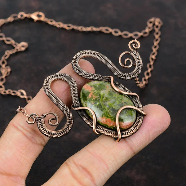 Unakite Oval Green Handmade Copper Wire Wrapped Necklace