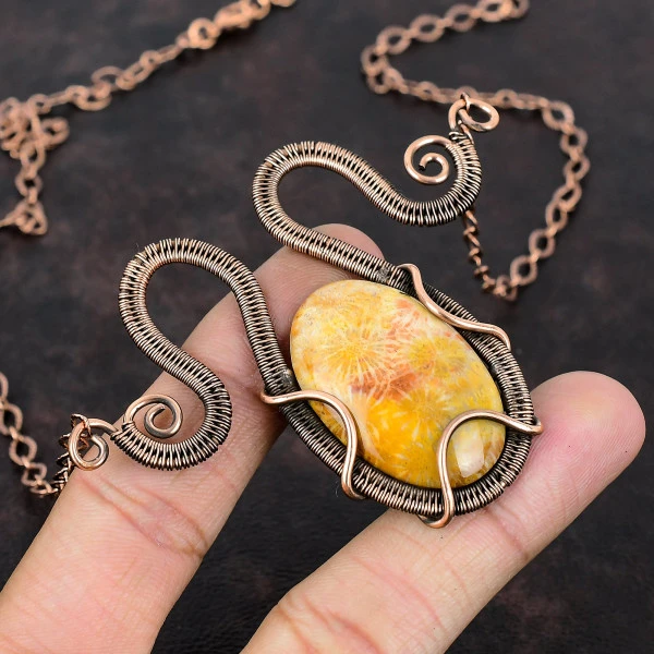 Fossil Coral Oval Yellow Handmade Copper Wire Wrapped Necklace