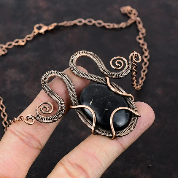Shungite Oval Black Handmade Copper Wire Wrapped Necklace