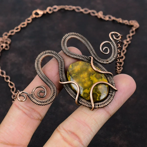 Ocean Jasper Oval Yellow Handmade Copper Wire Wrapped Necklace