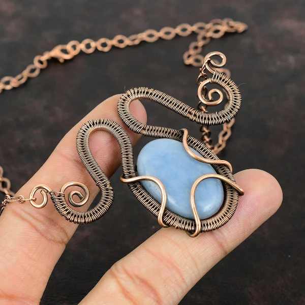 Angelite Oval Blue Handmade Copper Wire Wrapped Necklace