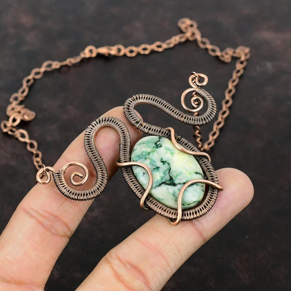Mariposite Oval Green Handmade Copper Wire Wrapped Necklace
