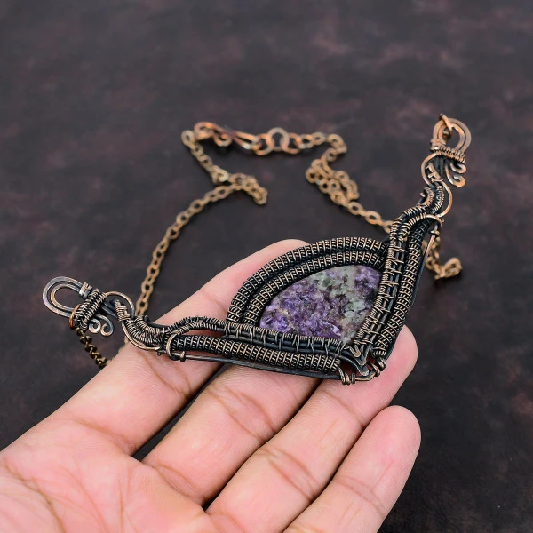 Charoite Oval Purple Handmade Copper Wire Wrapped Necklace