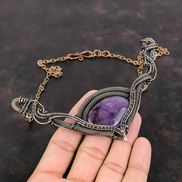 Star Amethyst Oval Purple Handmade Copper Wire Wrapped Necklace