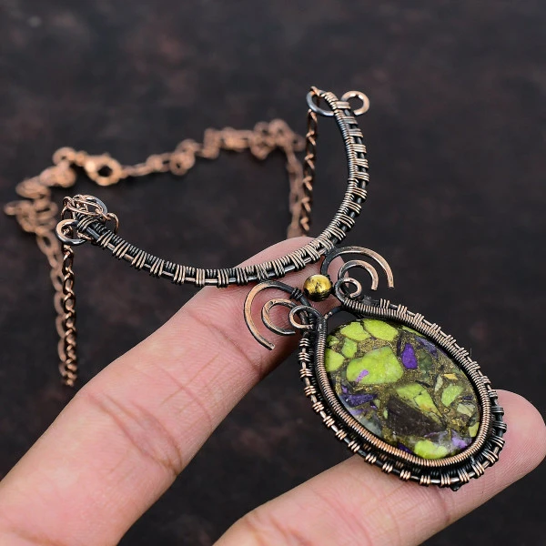 Copper Stichtite Oval Green Handmade Copper Wire Wrapped Necklace